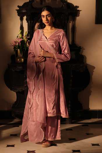 Buy_Seher Jaipur_Mauve Silk V-neck Noura Angarkha Kurta Set _at_Aza_Fashions