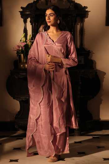 Buy_Seher Jaipur_Mauve Silk V-neck Noura Angarkha Kurta Set _Online_at_Aza_Fashions