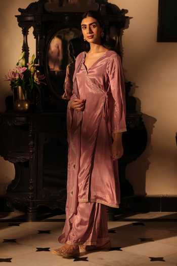 Shop_Seher Jaipur_Mauve Silk V-neck Noura Angarkha Kurta Set _Online_at_Aza_Fashions