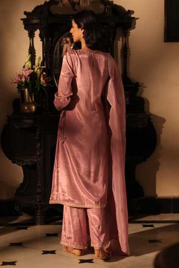 Shop_Seher Jaipur_Mauve Silk V-neck Noura Angarkha Kurta Set _at_Aza_Fashions