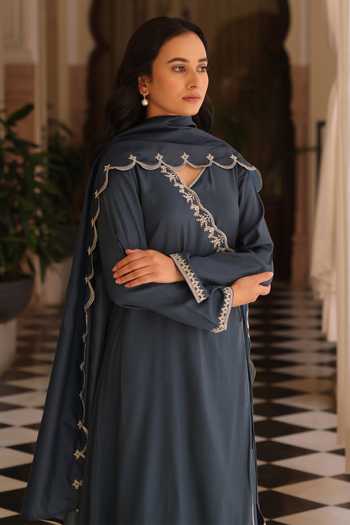 Seher Jaipur_Blue Silk V-neck Noura Angarkha Kurta Set _Online_at_Aza_Fashions
