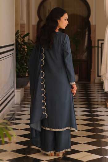 Shop_Seher Jaipur_Blue Silk V-neck Noura Angarkha Kurta Set _at_Aza_Fashions