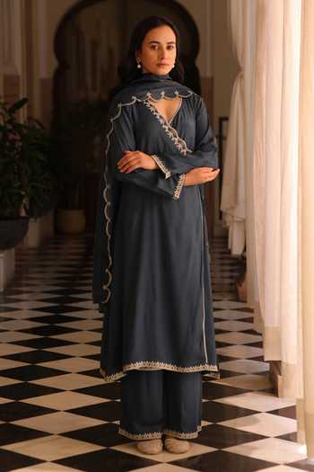 Buy_Seher Jaipur_Blue Silk V-neck Noura Angarkha Kurta Set _Online_at_Aza_Fashions