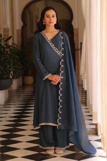 Buy_Seher Jaipur_Blue Silk V-neck Noura Angarkha Kurta Set _at_Aza_Fashions
