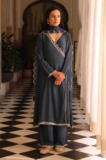 Shop_Seher Jaipur_Blue Silk V-neck Noura Angarkha Kurta Set _Online_at_Aza_Fashions