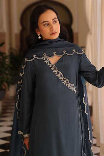 Seher Jaipur_Blue Silk V-neck Noura Angarkha Kurta Set _at_Aza_Fashions