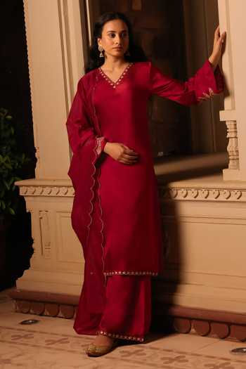 Shop_Seher Jaipur_Maroon Silk Embroidery V-neck Siara Monga Kurta And Palazzo Set _Online_at_Aza_Fashions
