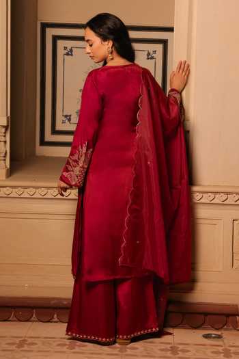 Shop_Seher Jaipur_Maroon Silk Embroidery V-neck Siara Monga Kurta And Palazzo Set _at_Aza_Fashions