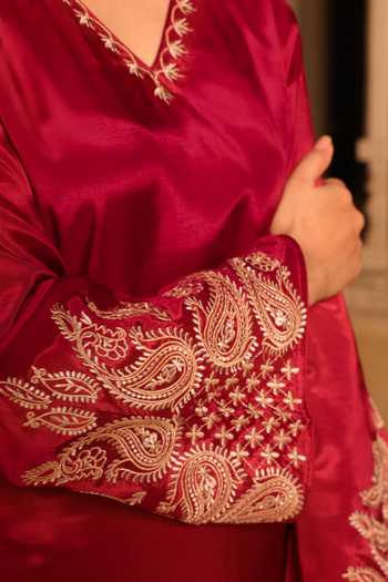 Shop_Seher Jaipur_Maroon Silk Embroidery V-neck Siara Monga Kurta And Palazzo Set 