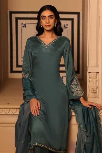 Buy_Seher Jaipur_Green Silk Embroidery V-neck Siara V Kurta Palazzo Set _Online_at_Aza_Fashions