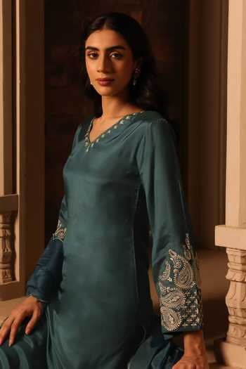 Shop_Seher Jaipur_Green Silk Embroidery V-neck Siara V Kurta Palazzo Set _Online_at_Aza_Fashions