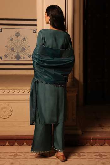 Shop_Seher Jaipur_Green Silk Embroidery V-neck Siara V Kurta Palazzo Set _at_Aza_Fashions