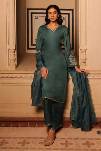 Shop_Seher Jaipur_Green Silk Embroidery V-neck Siara V Kurta Palazzo Set 