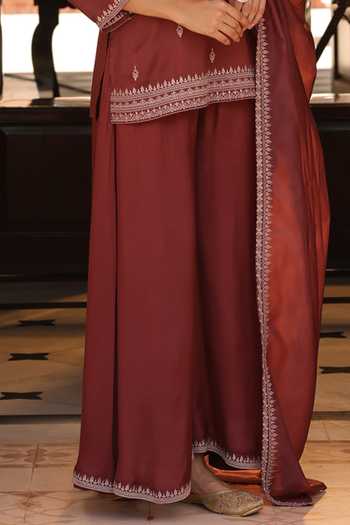 Seher Jaipur_Brown Silk Square Neck Izar Embroidered Kurta Palazzo Set _Online_at_Aza_Fashions