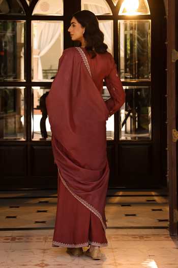 Shop_Seher Jaipur_Brown Silk Square Neck Izar Embroidered Kurta Palazzo Set _at_Aza_Fashions