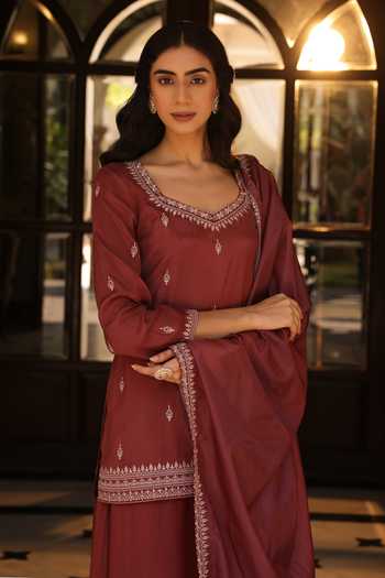 Buy_Seher Jaipur_Brown Silk Square Neck Izar Embroidered Kurta Palazzo Set _Online_at_Aza_Fashions