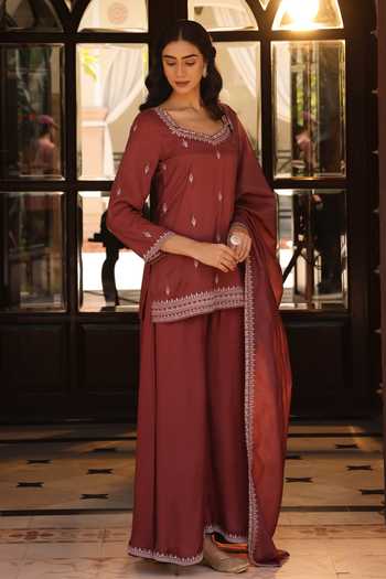 Shop_Seher Jaipur_Brown Silk Square Neck Izar Embroidered Kurta Palazzo Set _Online_at_Aza_Fashions