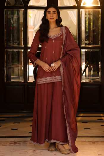 Seher Jaipur_Brown Silk Square Neck Izar Embroidered Kurta Palazzo Set _at_Aza_Fashions