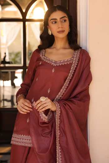 Shop_Seher Jaipur_Brown Silk Square Neck Izar Embroidered Kurta Palazzo Set 