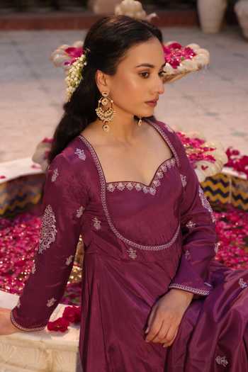 Shop_Seher Jaipur_Purple Silk Sweetheart Neck Zeya Embroidered Anarkali Set _Online_at_Aza_Fashions