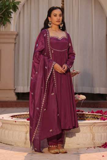 Buy_Seher Jaipur_Purple Silk Sweetheart Neck Zeya Embroidered Anarkali Set 