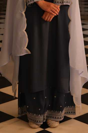 Seher Jaipur_Blue Silk V-neck Mehrnaz Kurta Palazzo Set _Online_at_Aza_Fashions