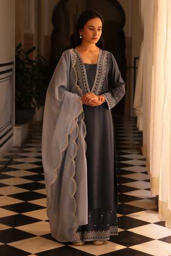 Shop_Seher Jaipur_Blue Silk V-neck Mehrnaz Kurta Palazzo Set _Online_at_Aza_Fashions