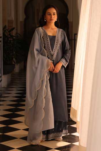 Seher Jaipur_Blue Silk V-neck Mehrnaz Kurta Palazzo Set _at_Aza_Fashions