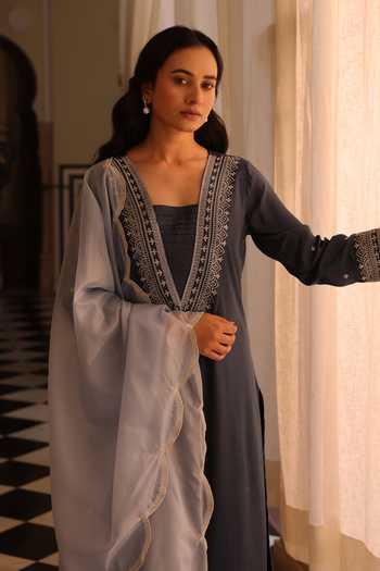 Buy_Seher Jaipur_Blue Silk V-neck Mehrnaz Kurta Palazzo Set 