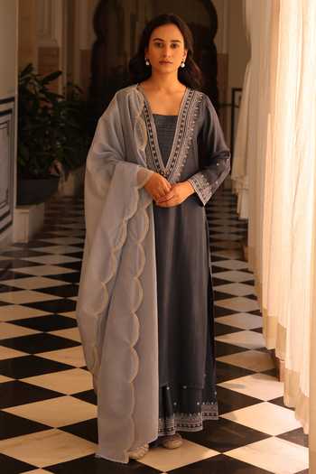 Shop_Seher Jaipur_Blue Silk V-neck Mehrnaz Kurta Palazzo Set 