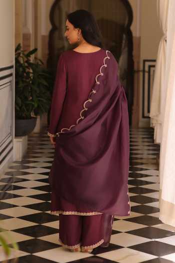 Shop_Seher Jaipur_Wine Silk V-neck Noura Angarkha Kurta Set _at_Aza_Fashions