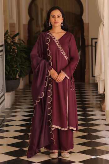 Buy_Seher Jaipur_Wine Silk V-neck Noura Angarkha Kurta Set _Online_at_Aza_Fashions