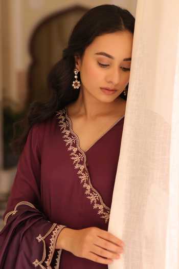 Shop_Seher Jaipur_Wine Silk V-neck Noura Angarkha Kurta Set _Online_at_Aza_Fashions