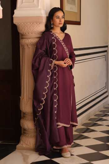 Seher Jaipur_Wine Silk V-neck Noura Angarkha Kurta Set _at_Aza_Fashions