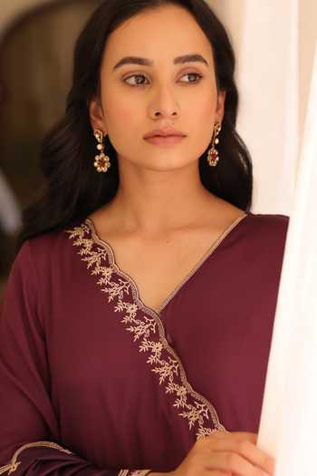 Shop_Seher Jaipur_Wine Silk V-neck Noura Angarkha Kurta Set 