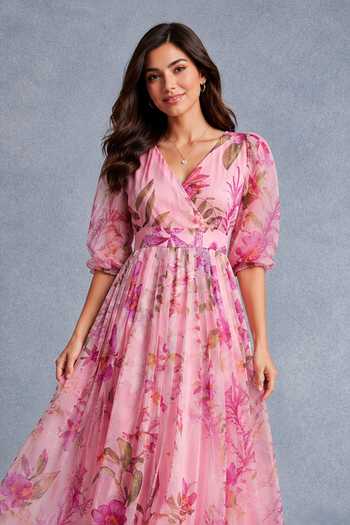 Aroop Shop India_Pink Chiffon V-neck Nolia Midi Dress _Online_at_Aza_Fashions