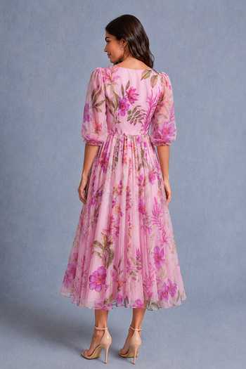 Shop_Aroop Shop India_Pink Chiffon V-neck Nolia Midi Dress _at_Aza_Fashions