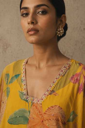 Aroop Shop India_Yellow Chiffon V-neck Zareen Printed Kaftan _Online_at_Aza_Fashions
