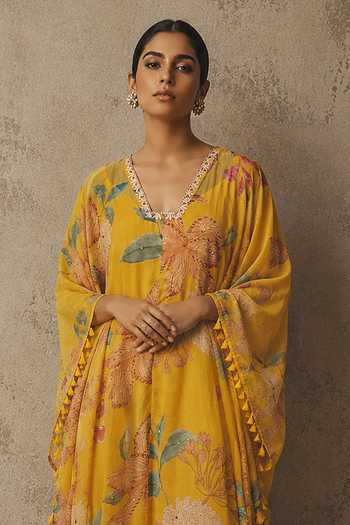Buy_Aroop Shop India_Yellow Chiffon V-neck Zareen Printed Kaftan _Online_at_Aza_Fashions