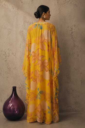 Shop_Aroop Shop India_Yellow Chiffon V-neck Zareen Printed Kaftan _at_Aza_Fashions