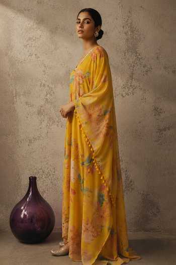 Shop_Aroop Shop India_Yellow Chiffon V-neck Zareen Printed Kaftan _Online_at_Aza_Fashions