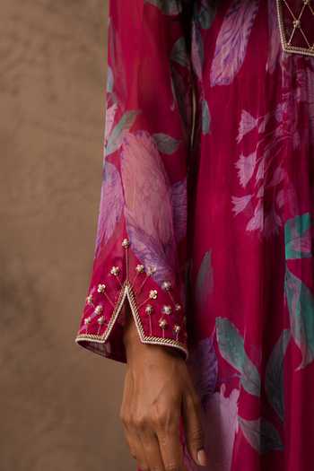 Aroop Shop India_Pink Chiffon Round Neck, Yes Bella Printed Kurta And Pant Set _Online_at_Aza_Fashions
