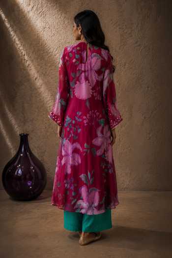 Shop_Aroop Shop India_Pink Chiffon Round Neck, Yes Bella Printed Kurta And Pant Set _at_Aza_Fashions