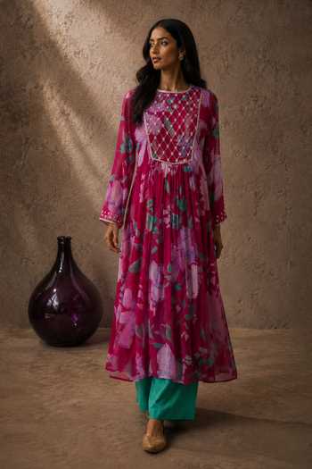 Buy_Aroop Shop India_Pink Chiffon Round Neck, Yes Bella Printed Kurta And Pant Set _Online_at_Aza_Fashions