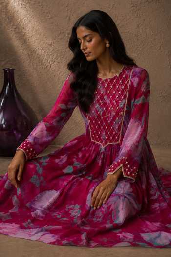 Shop_Aroop Shop India_Pink Chiffon Round Neck, Yes Bella Printed Kurta And Pant Set _Online_at_Aza_Fashions