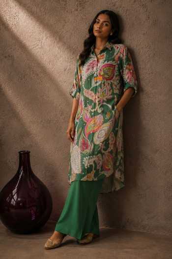 Aroop Shop India_Green Crepe Collared Neck, Yes Amber Printed Kurta Pant Set _Online_at_Aza_Fashions