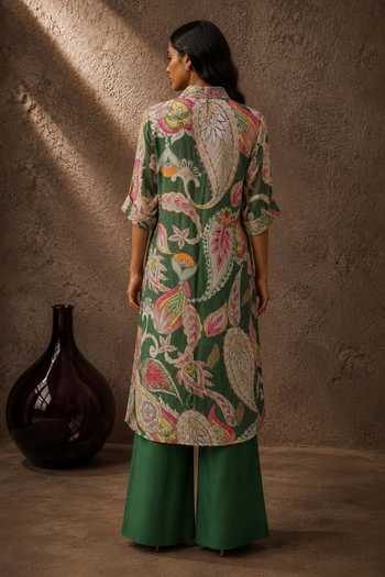 Shop_Aroop Shop India_Green Crepe Collared Neck, Yes Amber Printed Kurta Pant Set _at_Aza_Fashions