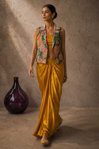 Buy_Aroop Shop India_Mustard Crepe Collared , Bandeau Varaa Draped Skirt Set _at_Aza_Fashions