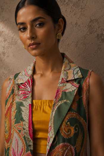 Aroop Shop India_Mustard Crepe Collared , Bandeau Varaa Draped Skirt Set _Online_at_Aza_Fashions