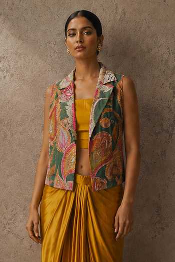 Buy_Aroop Shop India_Mustard Crepe Collared , Bandeau Varaa Draped Skirt Set _Online_at_Aza_Fashions